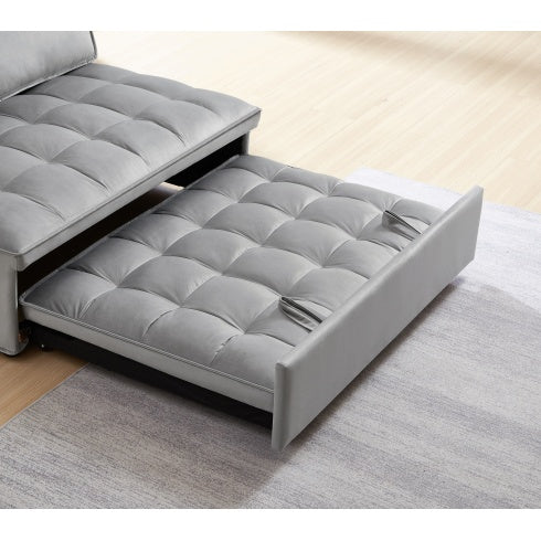 Gray double seat sofa bed with detachable backs pulled out as a sleeping sofa on a light wood floor