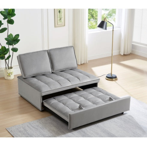 Gray double seat sofa bed with detachable backs and pull-out sleeping section in modern living room