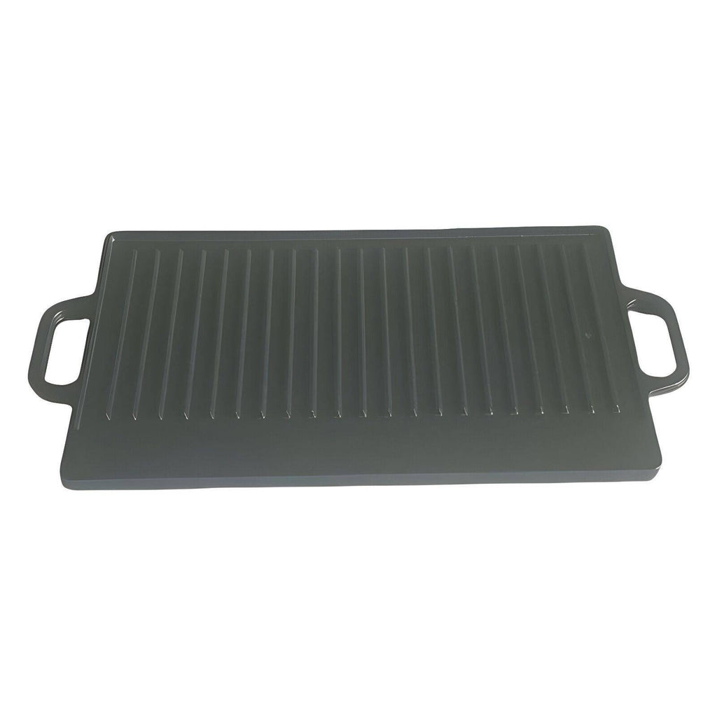 Shopi Vella double sided cast iron griddle pan with handles and ridged cooking surface for even grilling