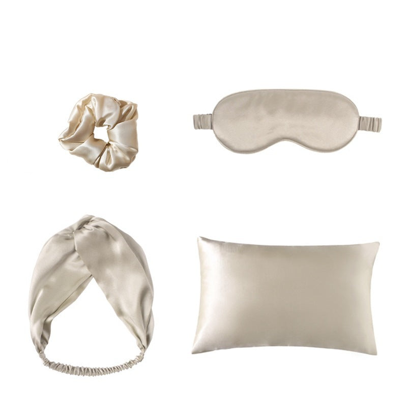 Double sided silk eye mask set with matching scrunchie, hair wrap, and pillowcase in beige