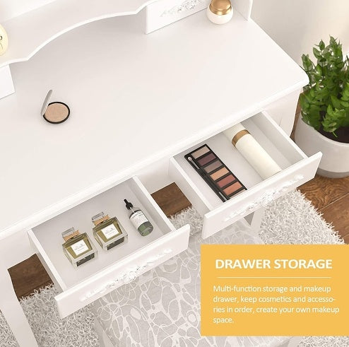 White vanity table with drawer storage for makeup and cosmetics in girls bedroom furniture set