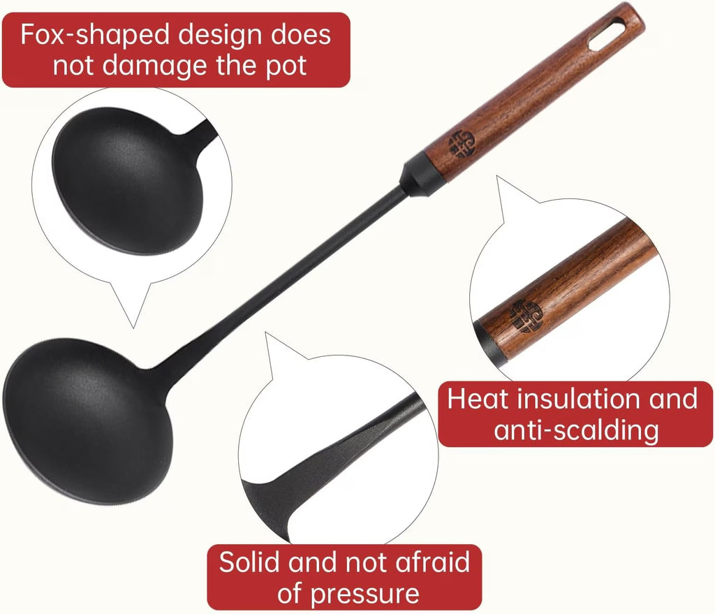 Durable kitchen cookware spoon with wooden handle and fox-shaped design to protect pots