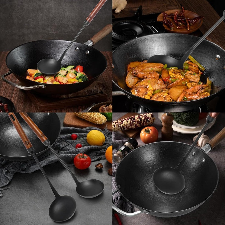 Durable kitchen cookware spoon with wooden handle in black wok with cooked vegetables and shrimp