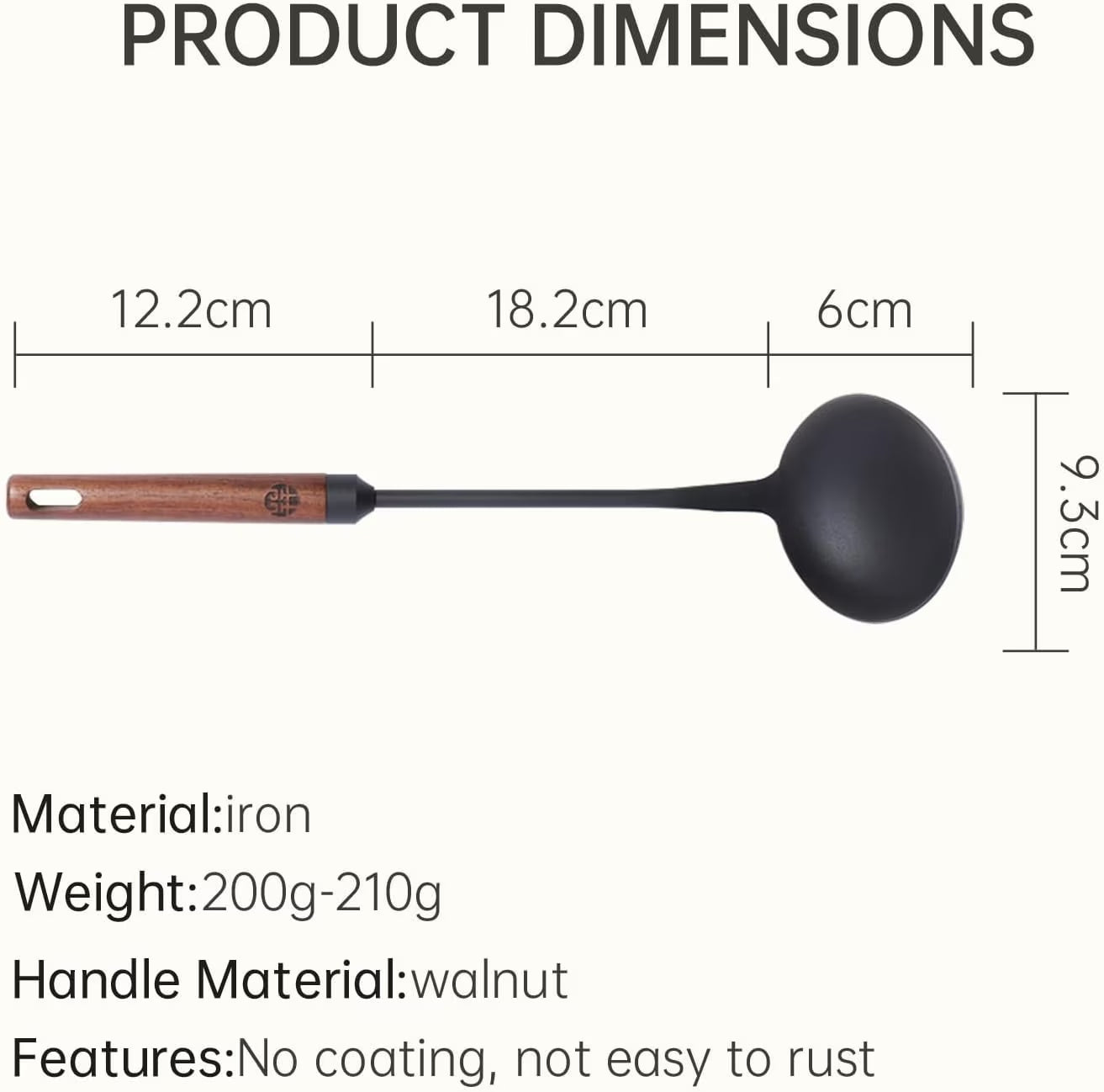 Durable kitchen cookware spoon with iron head and walnut handle, no coating, rust-resistant design
