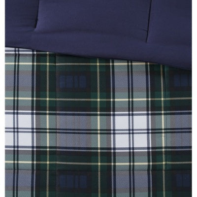 Shopi Vella Scotchgard comforter set with green and blue plaid pattern and solid navy blue top layer