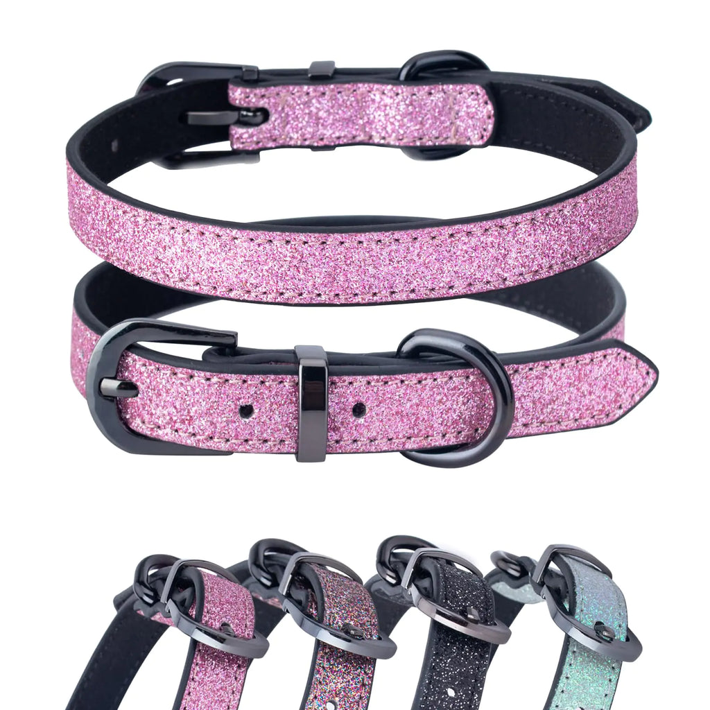 Bling Dog Collar Glitter Leather Collar for Small Medium Female Dog Cat Dazzling Sparkling XS S Dog Collar for Boy and Girls (Pink-M