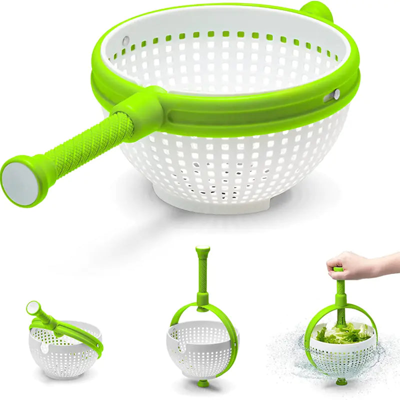 Easy drain salad spinner for home with green handle and white colander for quick washing and draining