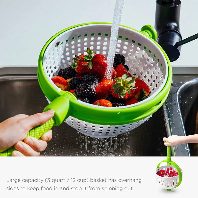 Easy drain salad spinner for home with green handle rinsing fresh berries in kitchen sink