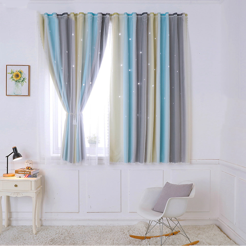Shopi Vella easy installation bedroom curtains with soft pastel stripes in a cozy bright room