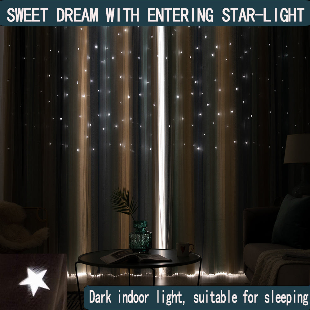 Shopi Vella comforter with easy installation bedroom curtains featuring star-light design in dark indoor light setting