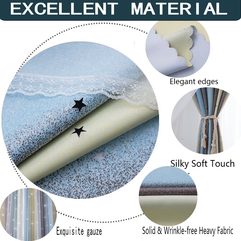 Close-up of comforter fabric showing elegant edges, silky soft touch, exquisite gauze, and wrinkle-free heavy fabric with easy installation bedroom curtains