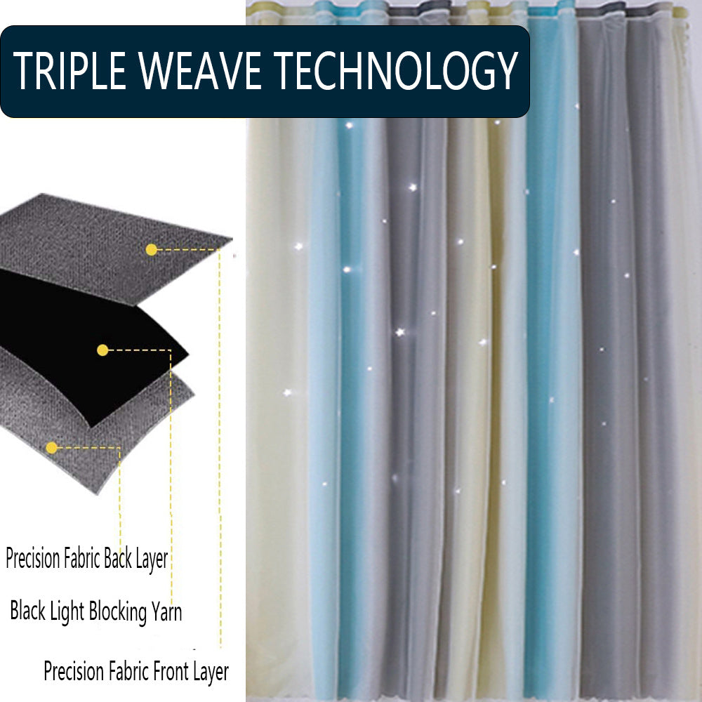 Shopi Vella comforter showing triple weave technology for easy installation bedroom curtains and light blocking