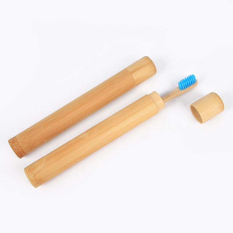 Shopi Vella eco-friendly wooden toothbrush set with blue bristles and bamboo travel case for bathroom storage