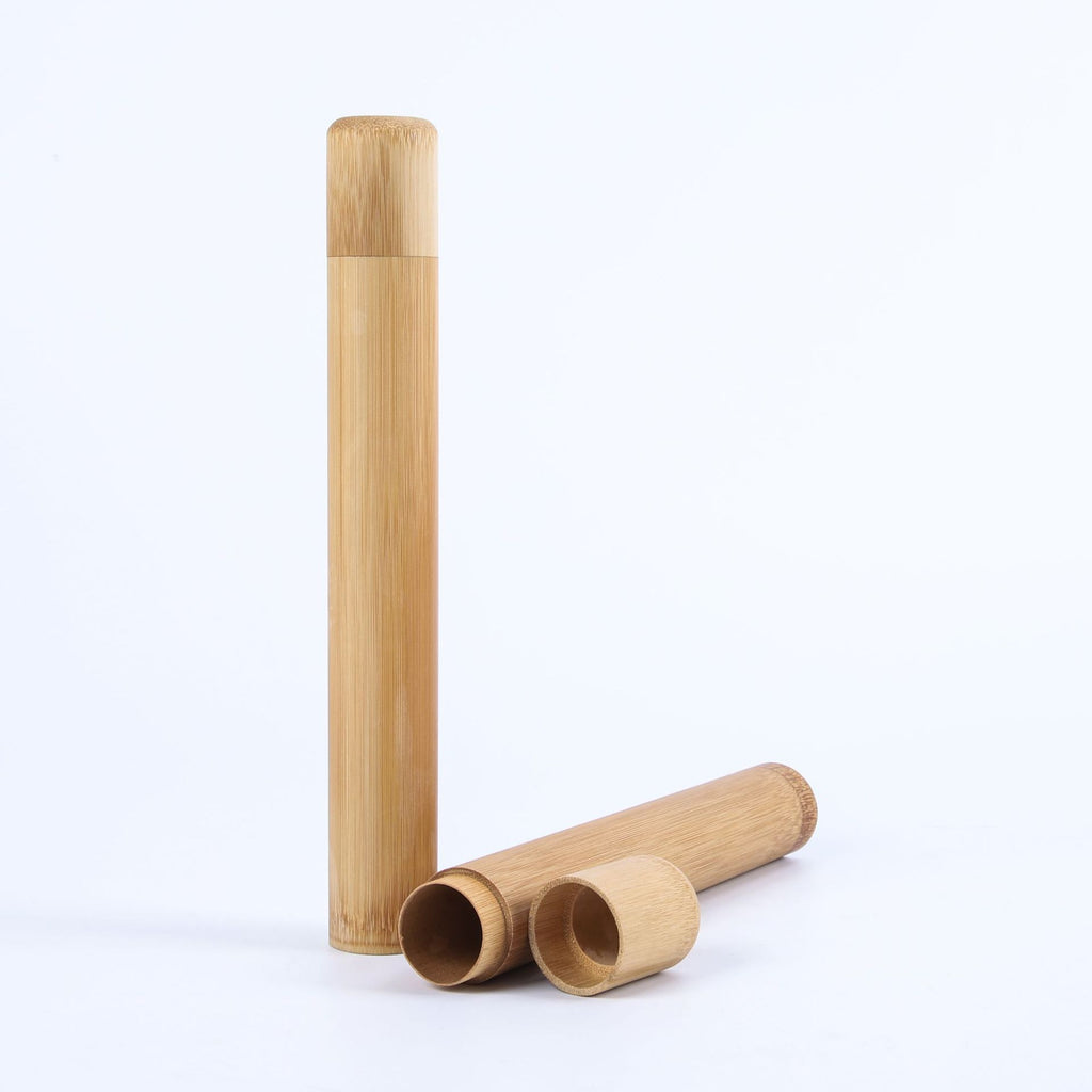 Shopi Vella eco-friendly wooden toothbrush set with two bamboo storage tubes for bathroom storage