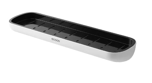 Sleek wall-mounted bathroom storage rack in black and silver for organizing toiletries