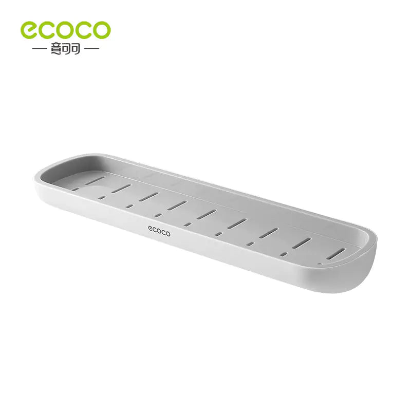 Eco-friendly gray wall-mounted bathroom storage rack with drainage slots for organizing essentials