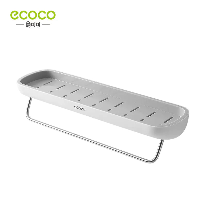 White Ecoco wall-mounted bathroom storage rack with towel bar and drainage slots