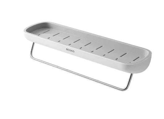 White wall-mounted bathroom storage rack with towel bar and drainage slots for shower organization