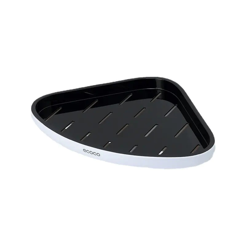 Black and white triangular wall-mounted bathroom storage rack with drainage slots