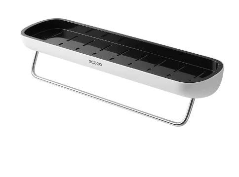 Eco-friendly wall-mounted bathroom storage rack with black tray and silver towel bar