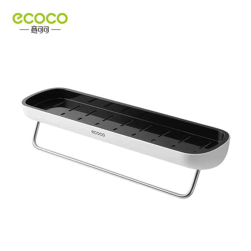 EcoCo wall-mounted bathroom storage rack with black tray and metal towel bar for organized storage