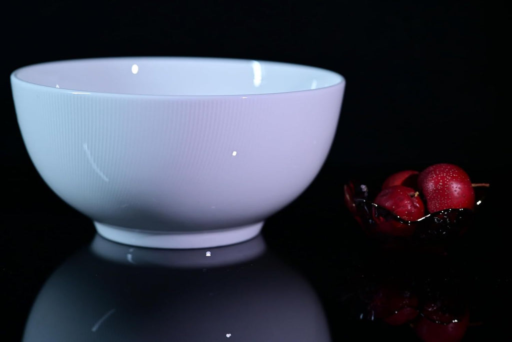 White 8 inch large soup bowl set with smooth finish on a reflective black surface