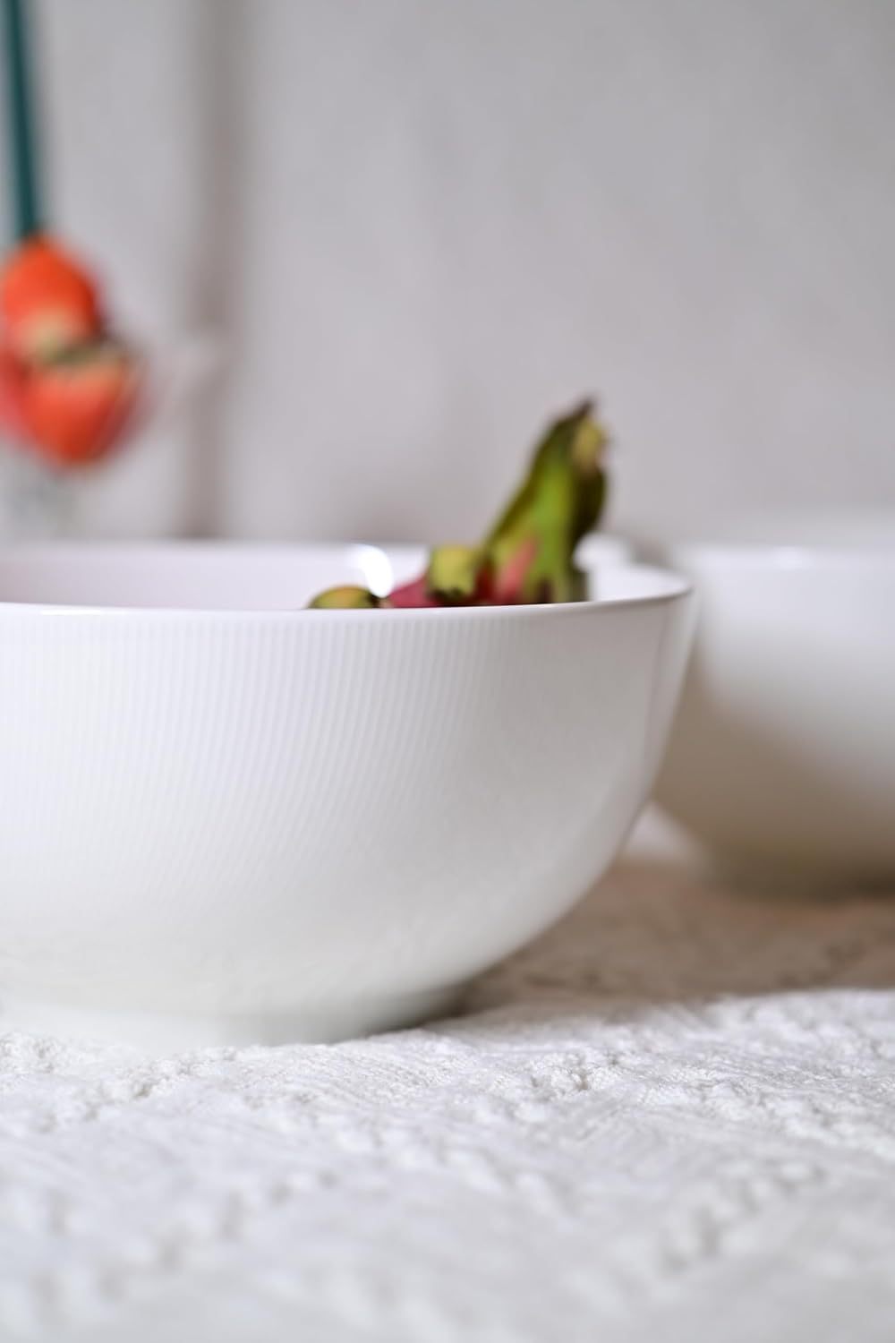 White 8 inch large soup bowl set from My Store placed on a textured surface with fruit inside
