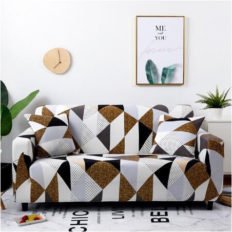 Modern elastic sofa cover with geometric pattern in brown black and white on a three-seater couch