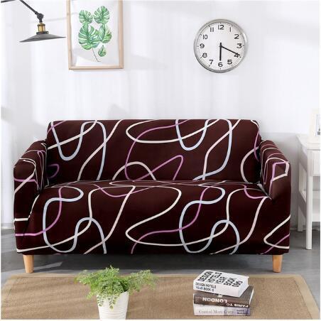 Modern brown elastic sofa cover with abstract white and pink lines on a two-seater sofa