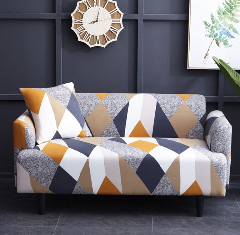 Geometric patterned elastic sofa cover on a two-seater sofa in modern living room