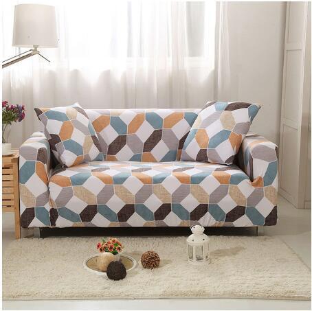Geometric pattern elastic sofa cover on a two-seater couch in a bright living room