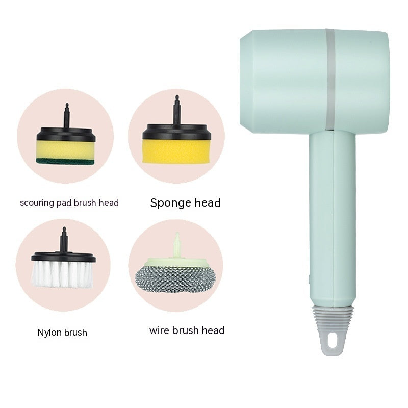 Shopi Vella electric dishwashing brush with scouring pad, sponge, nylon, and wire brush heads