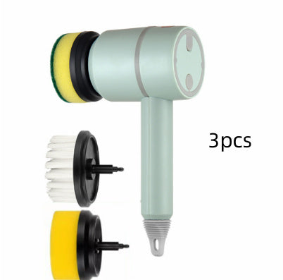 Shopi Vella electric dishwashing brush with three interchangeable cleaning heads for kitchen storage