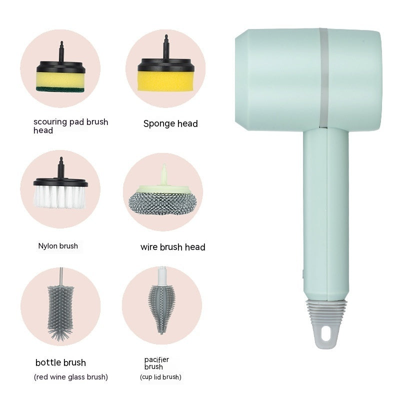 Shopi Vella electric dishwashing brush with six interchangeable brush heads for versatile kitchen cleaning