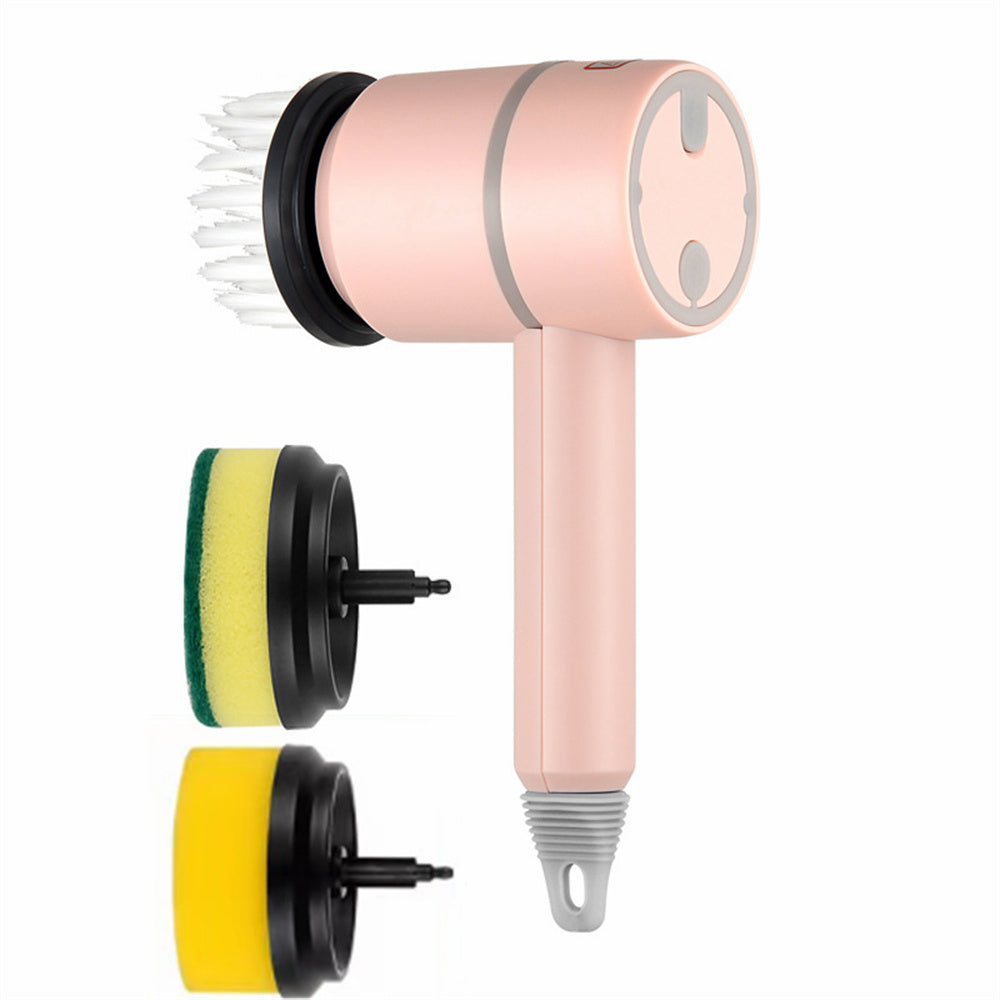 Shopi Vella electric dishwashing brush in pink with three interchangeable cleaning heads for kitchen storage