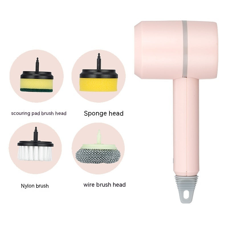 Shopi Vella electric dishwashing brush in pink with four interchangeable cleaning heads for kitchen storage