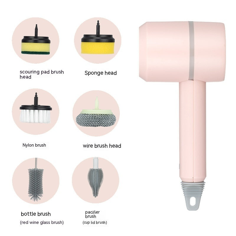 Shopi Vella pink electric dishwashing brush with six interchangeable brush heads for versatile kitchen cleaning