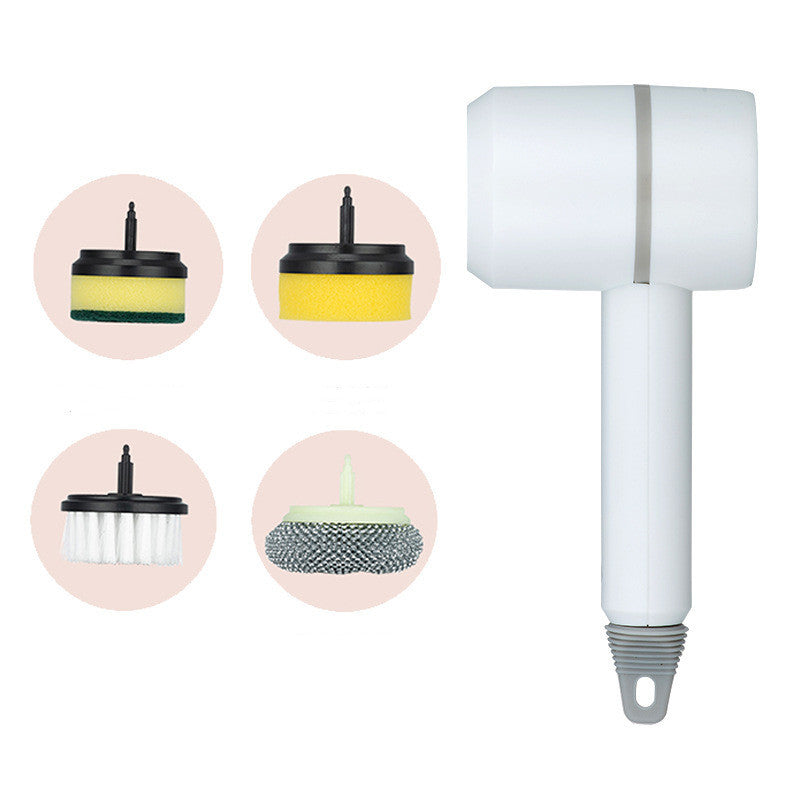 Shopi Vella electric dishwashing brush with four interchangeable cleaning heads for kitchen storage