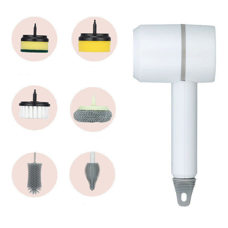 Shopi Vella electric dishwashing brush with six interchangeable cleaning heads for versatile kitchen storage