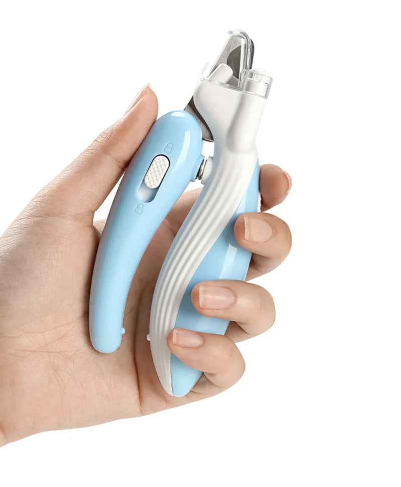Shopi Vella electric dog nail grinder held in hand with blue and white ergonomic design