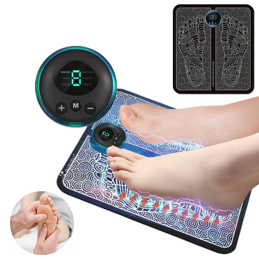 Shopi Vella electric foot circulation pad with digital control displaying settings under feet on patterned mat