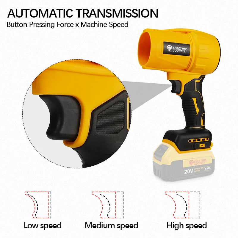 Shopi Vella brushless turbo jet fan for Dewalt 20V cordless drill with automatic transmission and speed settings
