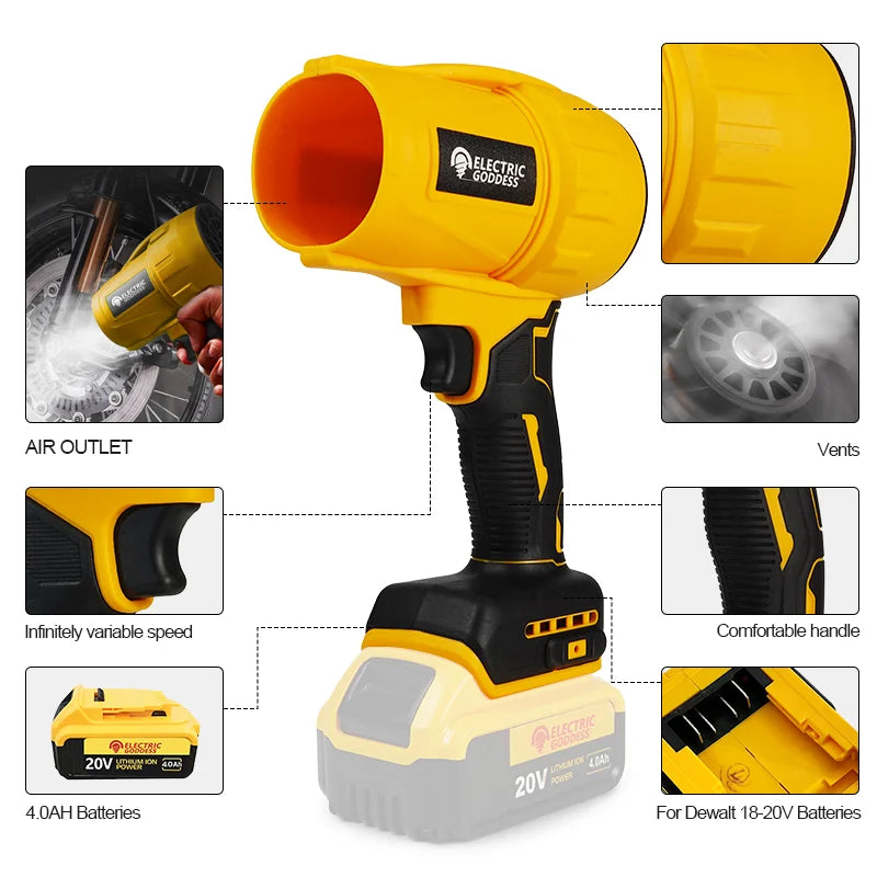 Yellow brushless turbo jet fan for Dewalt 20V with variable speed and comfortable handle