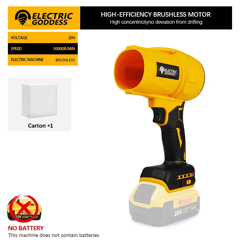 Yellow brushless turbo jet fan for Dewalt 20V with high-efficiency brushless motor and ergonomic handle