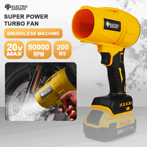 Yellow brushless turbo jet fan for Dewalt 20V with ergonomic black handle from Shopi Vella