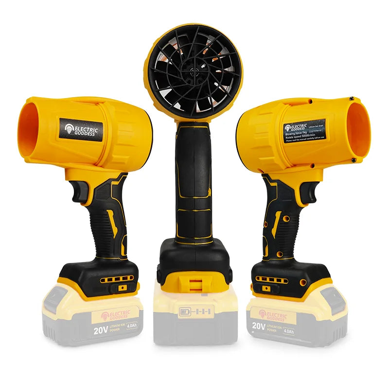 Brushless turbo jet fan for Dewalt 20V in yellow and black with ergonomic handle by Shopi Vella