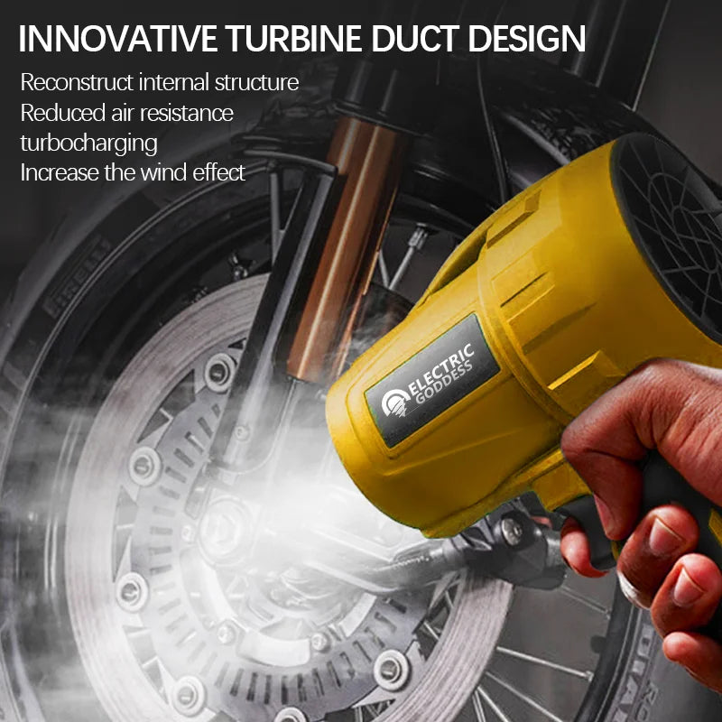 Yellow brushless turbo jet fan for Dewalt 20V cleaning a motorcycle brake disc with innovative turbine duct design