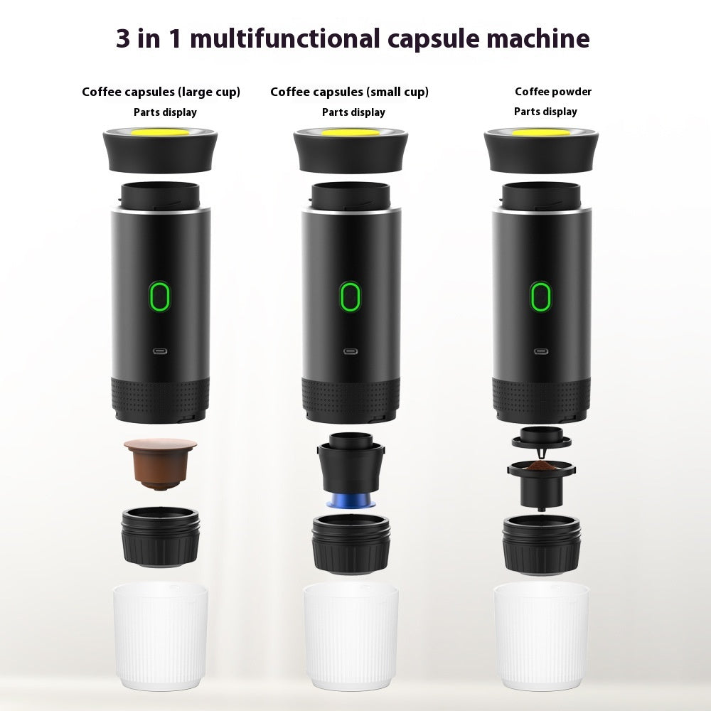 Shopi Vella 3 in 1 multifunctional electric grinder coffee maker showing parts for capsules and coffee powder