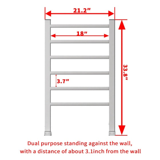 Shopi Vella electric heated towel rack bathroom with dimensions and wall distance for bathroom storage