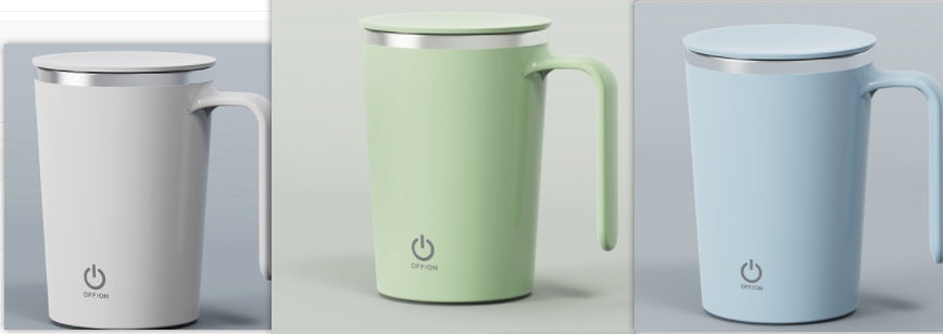Shopi Vella electric mixing coffee cup in gray green and blue kitchen storage mug with lid and handle